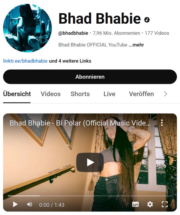 Bhad Bhabie’s YouTube profile showing 7.96 million subscribers and music video for Bi Polar
