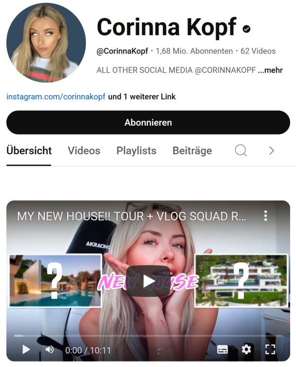 Corinna Kopf’s YouTube channel with 1.68 million subscribers and a house tour video thumbnail