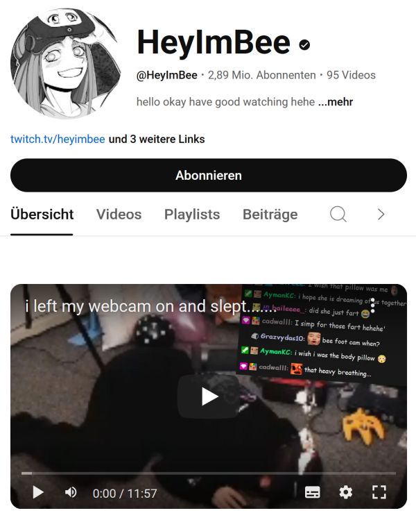 HeyImBee’s official YouTube profile with 2.89 million subscribers and a featured webcam video