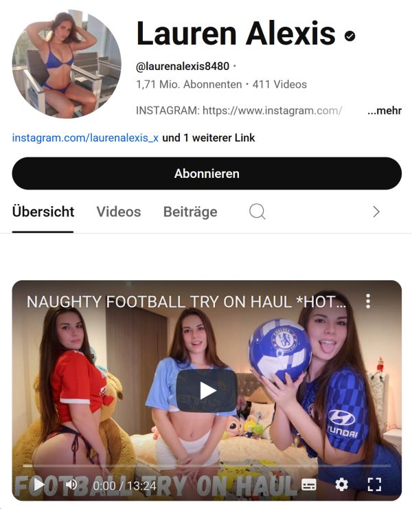 Lauren Alexis’s YouTube channel with 1.71 million subscribers and a try-on haul video thumbnail
