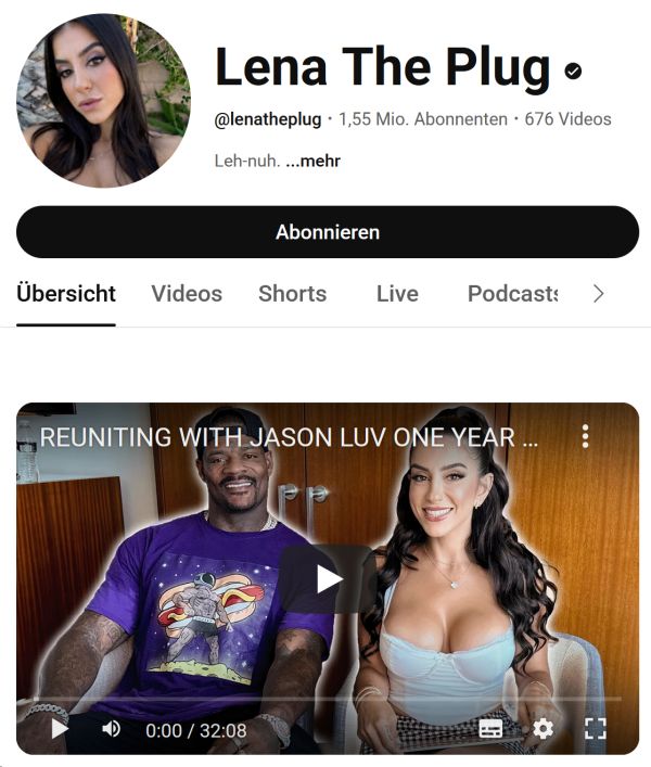 Lena The Plug’s YouTube channel with 1.55 million subscribers and a video featuring Jason Luv