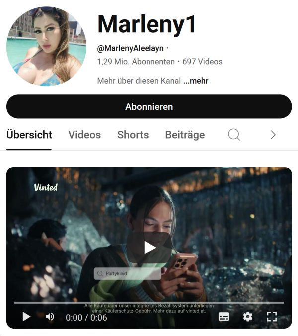 YouTube channel of Marleny1 with 1.29 million subscribers and video section showing recent content
