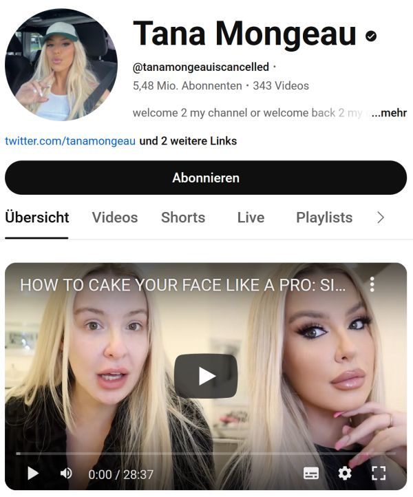 Tana Mongeau’s official YouTube profile with over 5.4 million subscribers