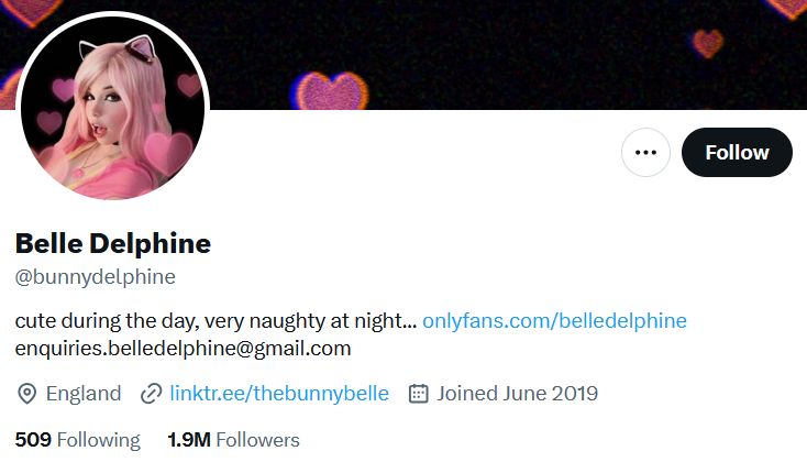 Belle Delphine’s Twitter profile with profile picture and OnlyFans link