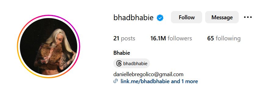 public Instagram page of Bhad Bhabie featuring a bold portrait in fur