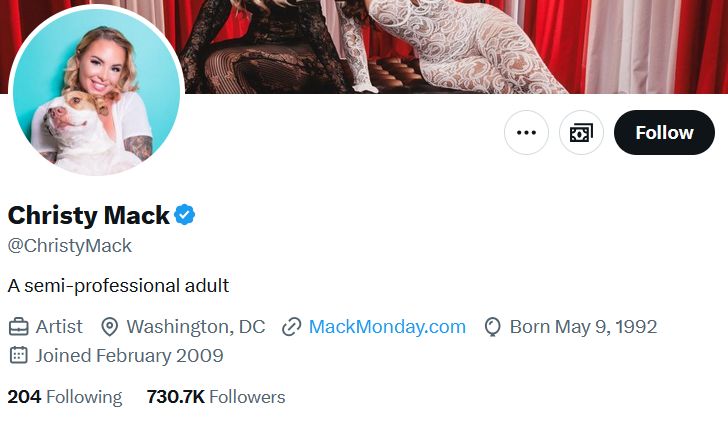 Christy Mack’s Twitter profile with profile picture and website link