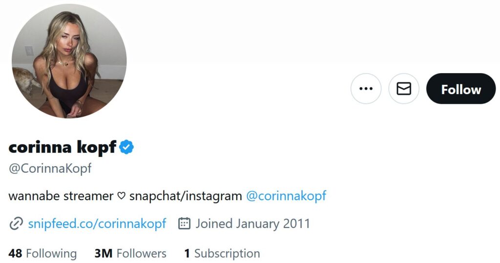 corinna kopf’s twitter profile with 3M followers and bio details