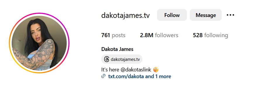 selfie of Dakota James on her IG page showing her tattooed arm