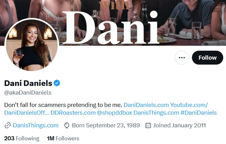 Dani Daniels’s Twitter profile with profile picture and website links