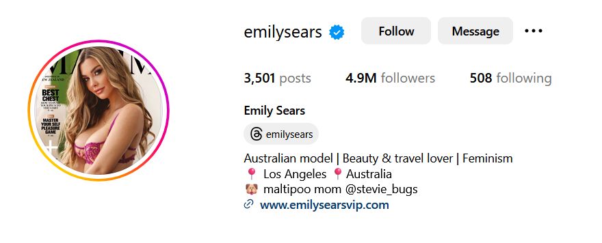 magazine-style profile photo of Emily Sears in pink lingerie on Instagram