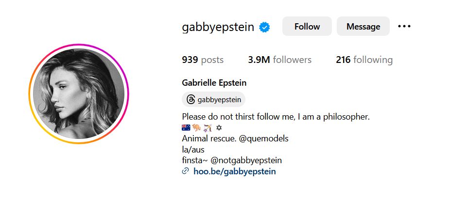 monochrome Instagram profile photo of Gabrielle Epstein with side glance