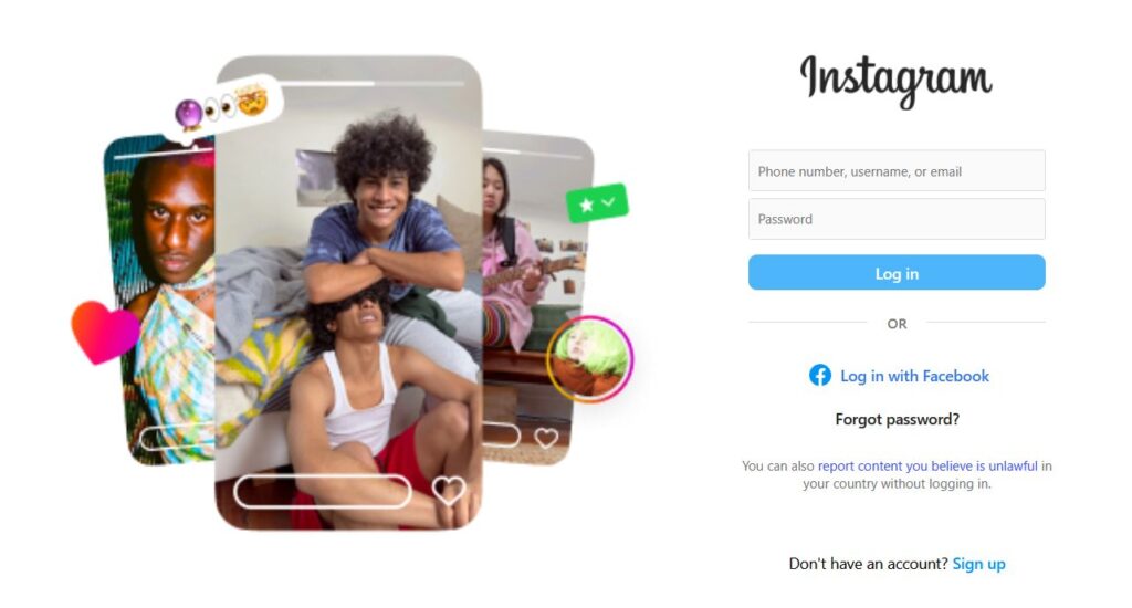Instagram login page with sign-in form and interface preview on the left