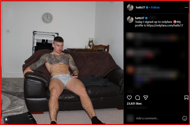 Instagram post showing a male creator promoting his OnlyFans link with suggestive, SFW content