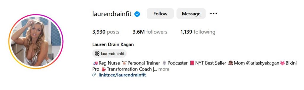 fitness-themed Instagram profile image of Lauren Drain in activewear