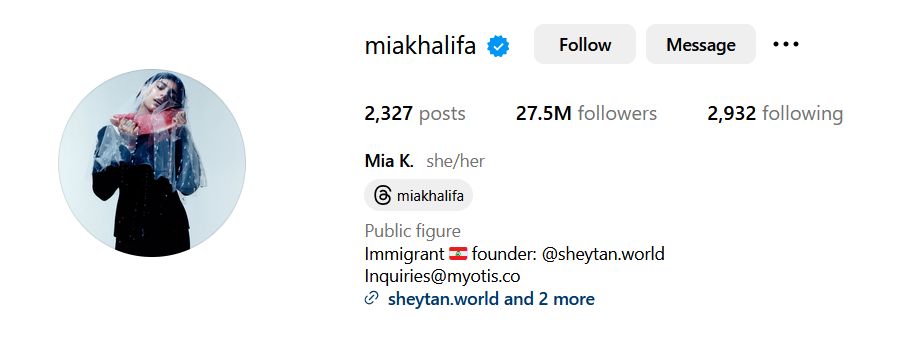 artistic profile image from Mia Khalifa’s Instagram with veil and soft tones