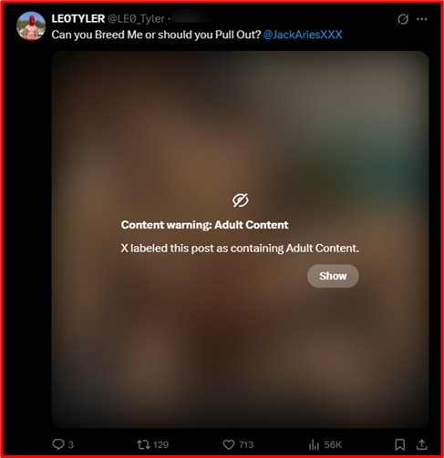 example of an adult content warning on an X (Twitter) post promoting NSFW creator content
