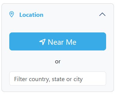  location-based filter with “near me” button and input for city or country