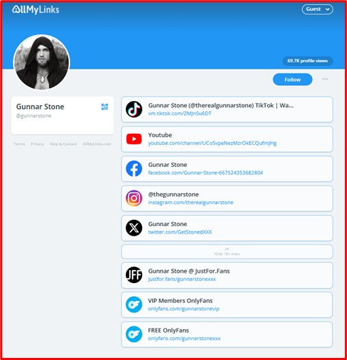 example of an AllMyLinks page used to promote OnlyFans and other social platforms