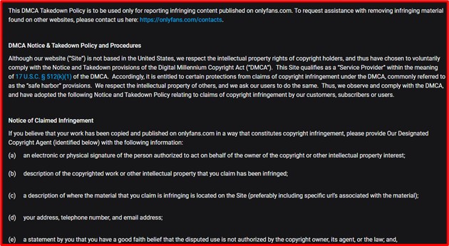 screenshot of the OnlyFans DMCA policy outlining how to report copyright infringement