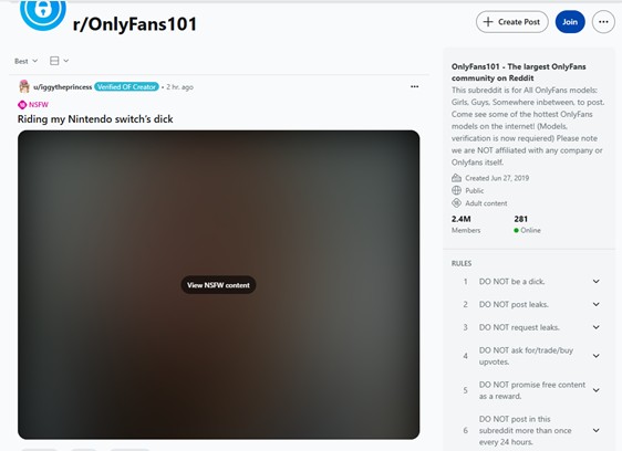 Example of a Reddit post in the r/OnlyFans101 subreddit used for OnlyFans promotion