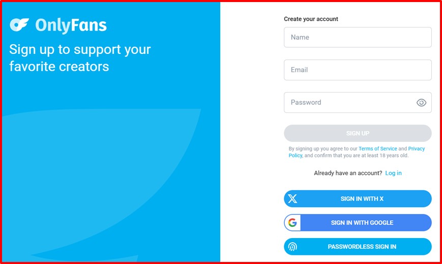 OnlyFans signup screen with options to create an account or log in
