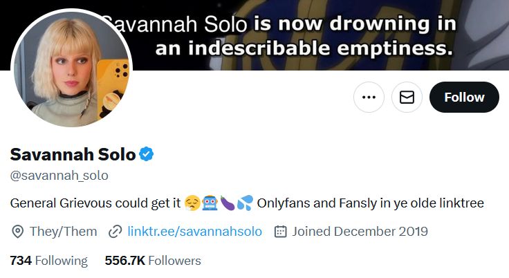 Savannah Solo’s Twitter profile with profile picture and linktree URL