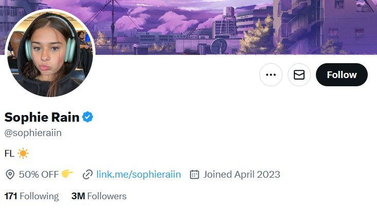 Sophie Rain’s Twitter profile with profile picture and link.me URL