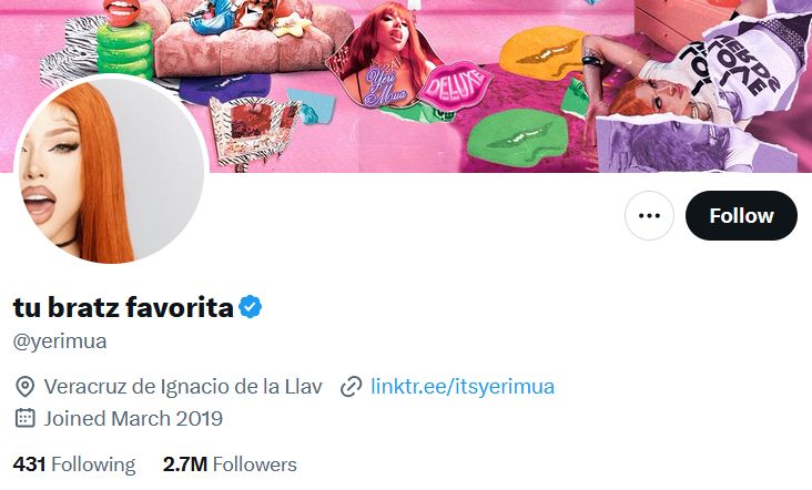 Yerimua’s Twitter profile with profile picture and linktree URL