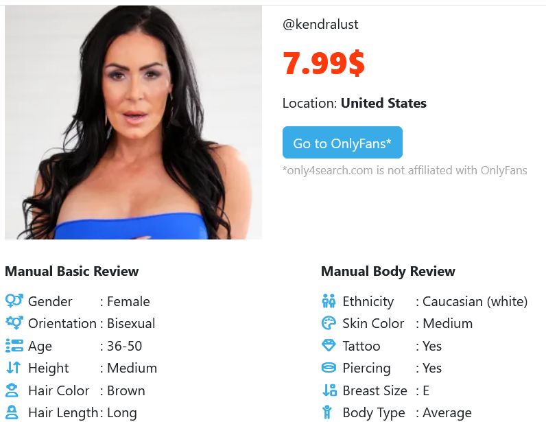 Kendra Lust MILF OnlyFans profile data from Only4Search