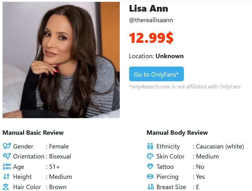 Lisa Ann mature OnlyFans creator profile from Only4Search