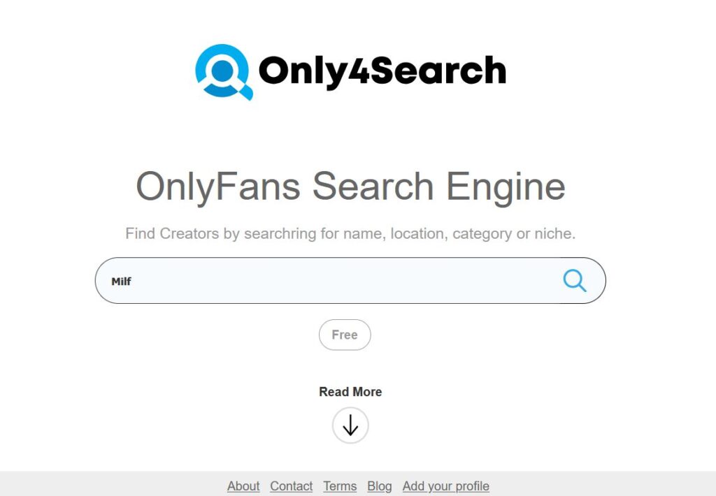screenshot of Only4Search homepage with MILF search in the OnlyFans search engine
