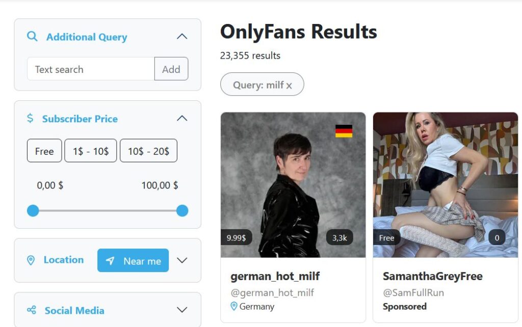 screenshot of MILF OnlyFans search results on Only4Search with filters and creator profiles