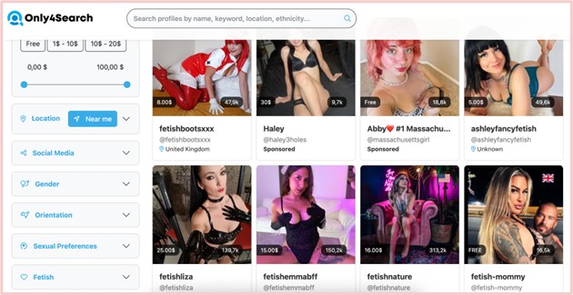 Only4Search interface showing fetish creator search results with filters and profile cards