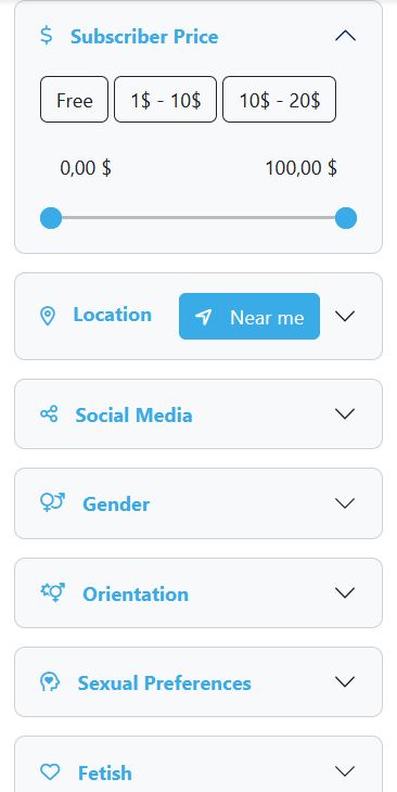 example of the Only4Search filter menu with over 20 options to refine creator searches
