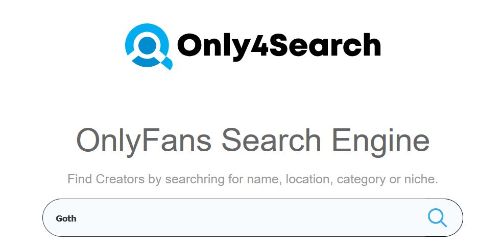 Only4Search homepage showing example search for goth models on OnlyFans