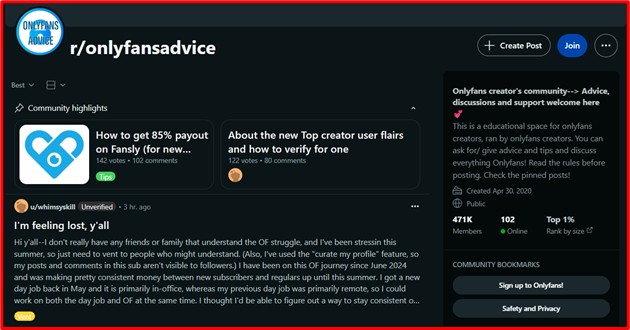 screenshot of r/OnlyFansAdvice Reddit community for creators to share tips and audience targeting strategies