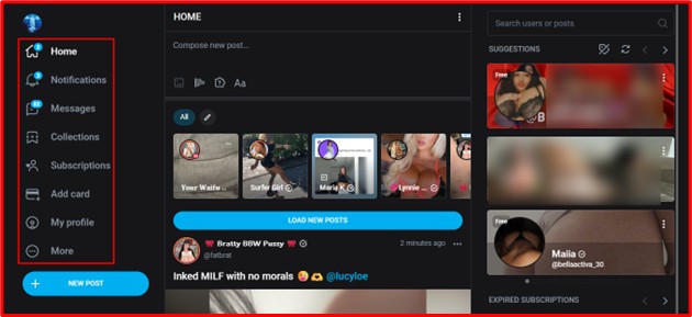 OnlyFans dashboard view with navigation menu and personal content feed
