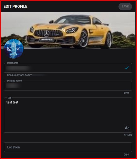 OnlyFans profile editing screen with banner, username, and bio fields