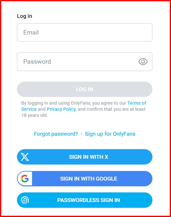 OnlyFans sign-up screen with email and social login options