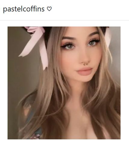 Pastel Coffins with long blonde hair, wearing pink ribbons and looking at camera