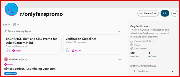 Reddit page for r/onlyfanspromo with post previews and community info