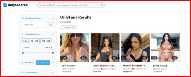 Only4Search search results showing GFE OnlyFans profiles