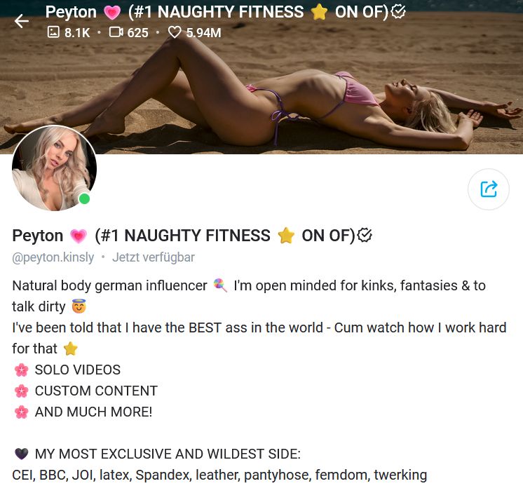 Peyton profile highlighting CEI among her exclusive fetish offerings